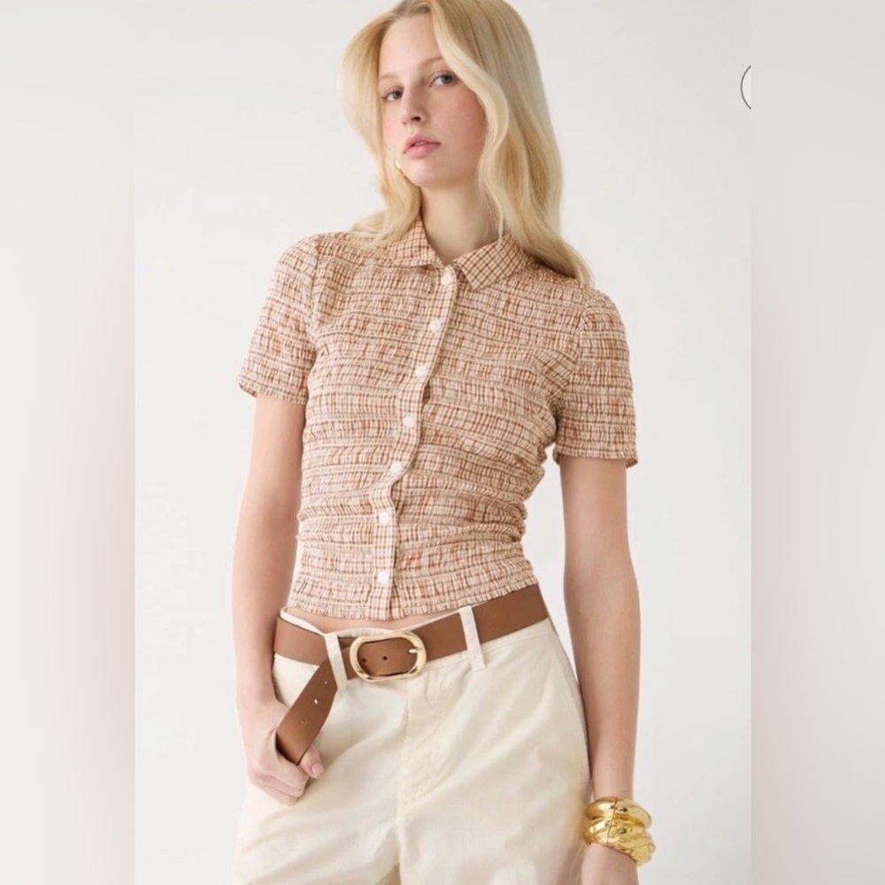 NWT J. Crew Smocked Gingham Button Up Shirt XXL Tan Orange Red